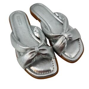 Schutz Fairy Silver Leather Knot Anthro Sandals Slides Flats Womens‎ Size 8B